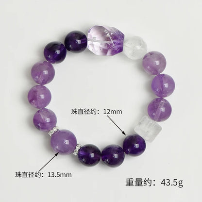 Natural Clear Quartz & Amethyst Crystal Beaded Bracelet (12mm) – Elegant Spiritual Jewelry for Mental Clarity & Intuition Enhancement