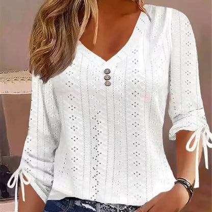 Autumn/Winter Solid Color Jacquard V-Neck Button-Up Long-Sleeve Top