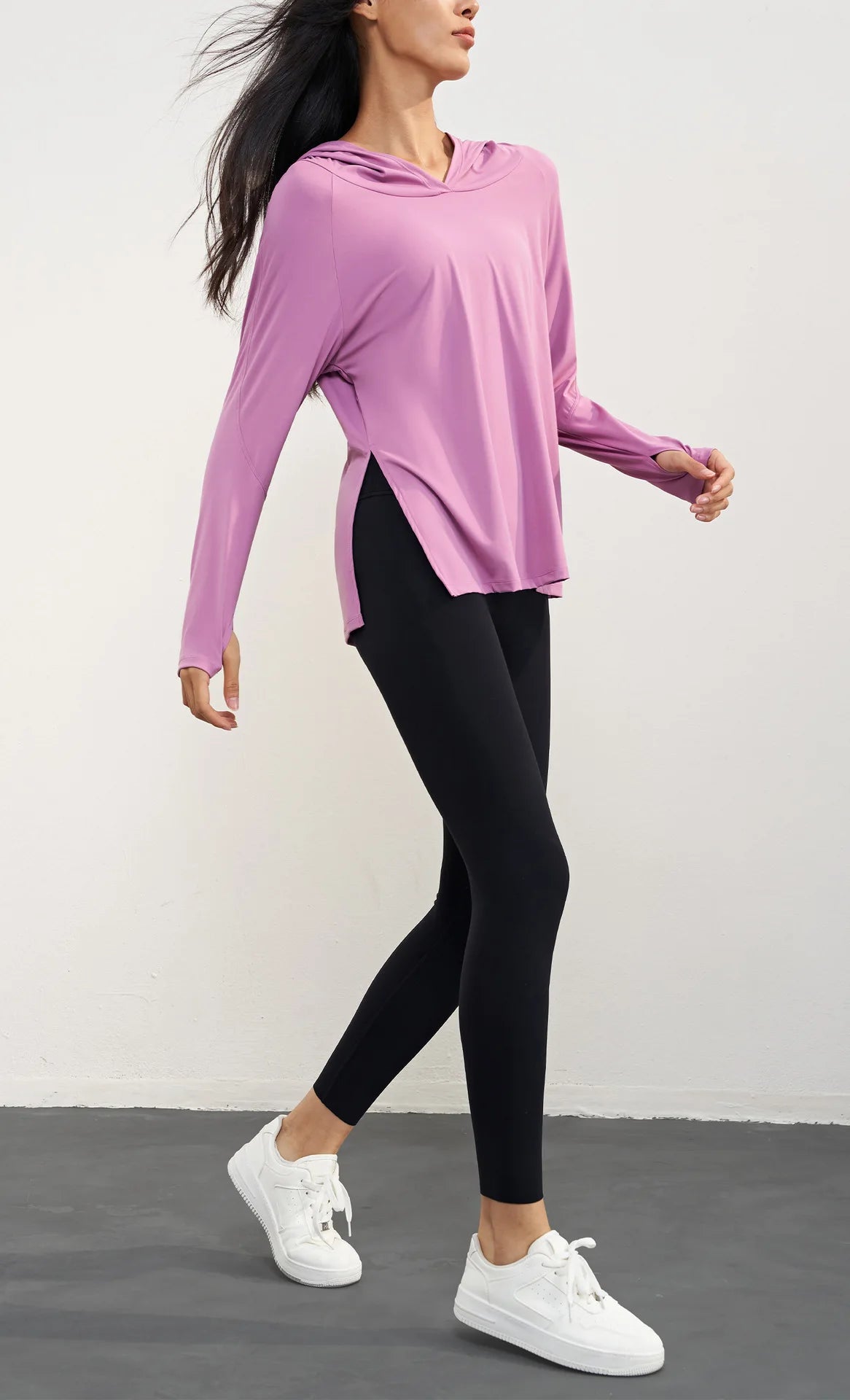 Women's Nude Feeling Workout Top | Split Hem Long Sleeve Hooded Yoga Shirt