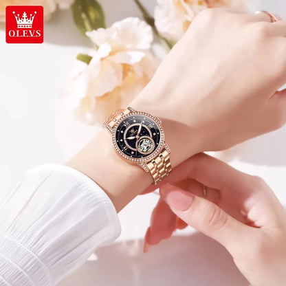 OLEVS 7036 Women’s Skeleton Mechanical Watch – Diamond Bezel Elegant Automatic Ladies Wristwatch