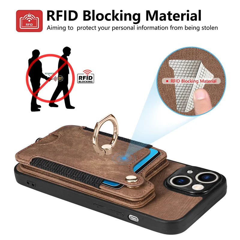 Leather Card Holder Phone Case – Protective Cover with Strap for iPhone 15, 14, 13