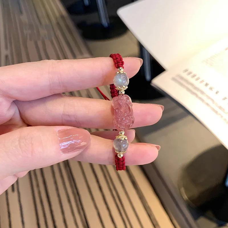Strawberry Quartz Pi Xiu Bracelet for Women – Natural Crystal Bracelet with Red Woven Strap | Perfect Gift for Girlfriends