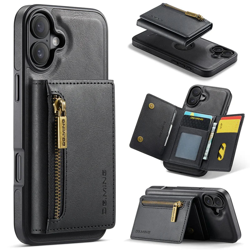 Premium Luxury Zipper Wallet Phone Case | 2-in-1 Detachable Case with Multi-Card Slots for iPhone 16, 15, 14 Pro Max