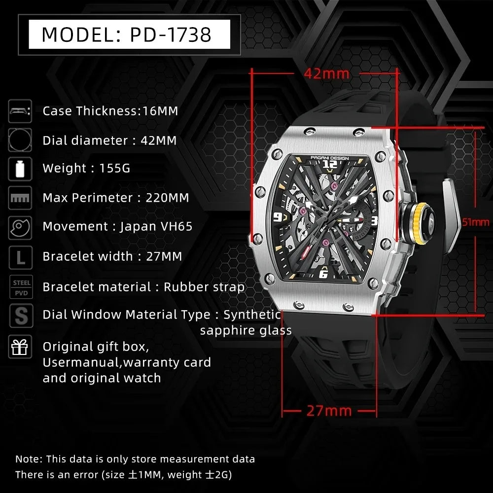 PAGANI DESIGN PD‑1738 Men’s Quartz Watch | Luxury Sport Wristwatch with Sapphire Glass, Stainless Steel, Waterproof (VH65 Movement)