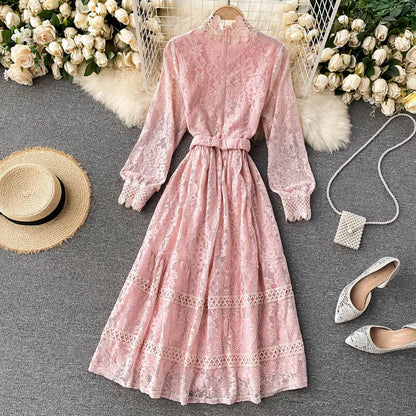 Women's Fall Winter Long-Sleeve Lace Midi Dress – Elegant Hollow-Out Design with Stand Collar and Empire Waist