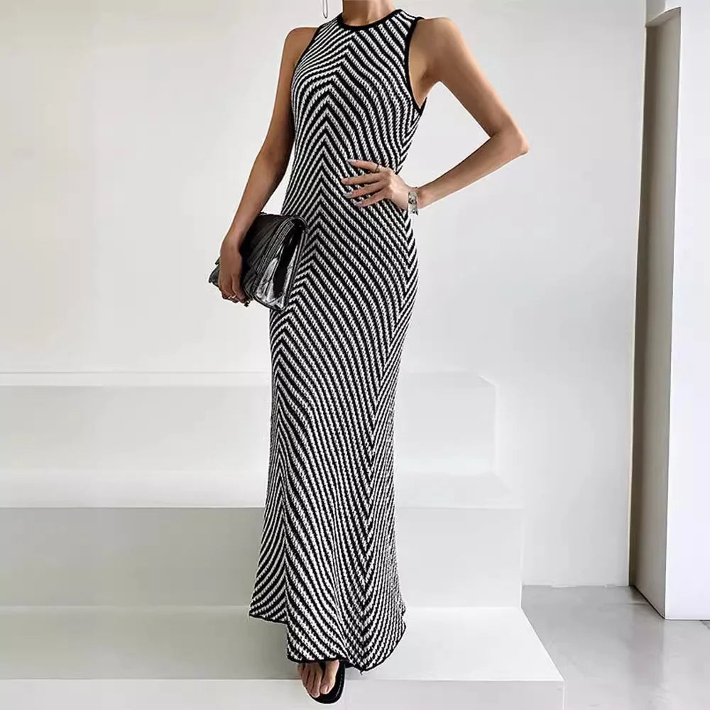 Ladies' Mid-Length Knitted Dress - Breathable Sleeveless Summer Dress with Contrast Stripes Octavia