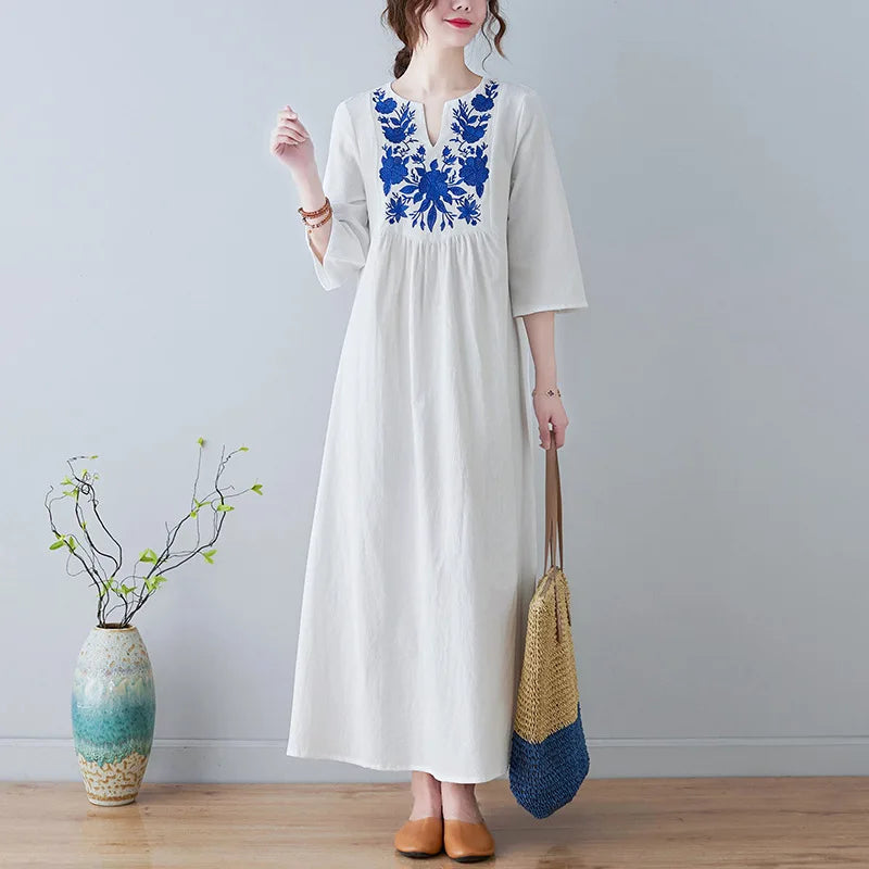 Women's Ethnic-Style V-Neck Embroidered Dress – Loose-Fit, 3/4 Sleeves, Mid-Length Summer Fashion