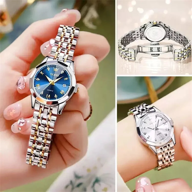 OLEVS 9931 Women's Quartz Watch – Original Luxury Stainless Steel Dual Calendar Waterproof Ladies Wristwatch Sidone