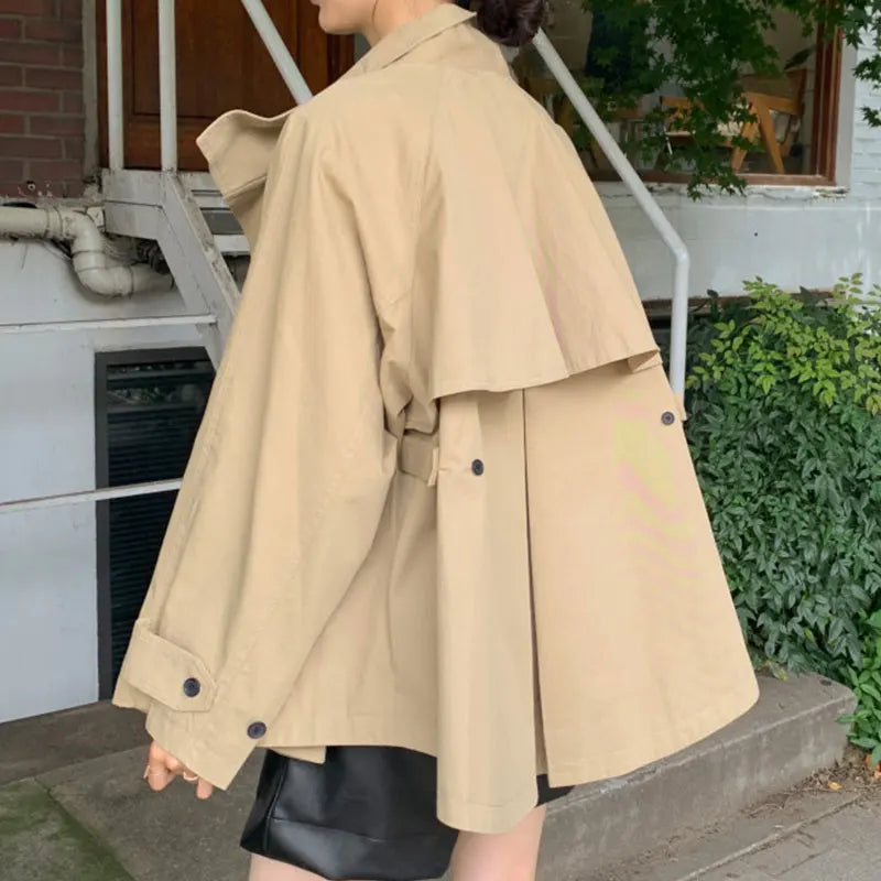 Korean Retro Short Trench Coat – Autumn British Style Stand-Up Collar Cloak Design Meg