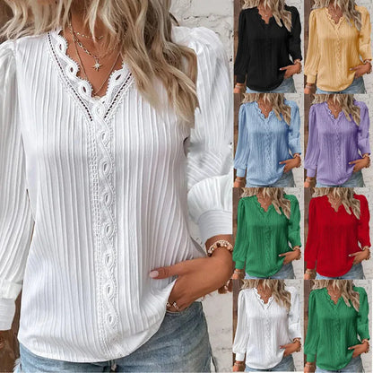 Women's White Lace V-Neck Blouse - Long Sleeve Casual Shirt Jenna