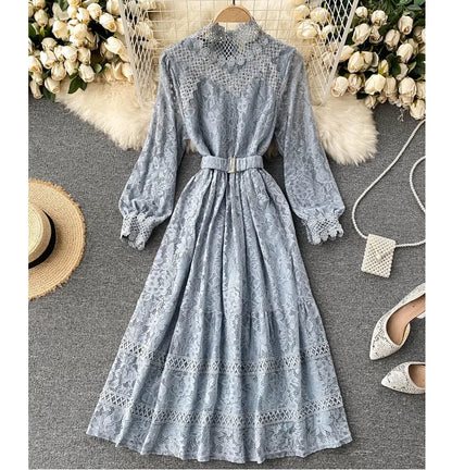 Women's Fall Winter Long-Sleeve Lace Midi Dress – Elegant Hollow-Out Design with Stand Collar and Empire Waist