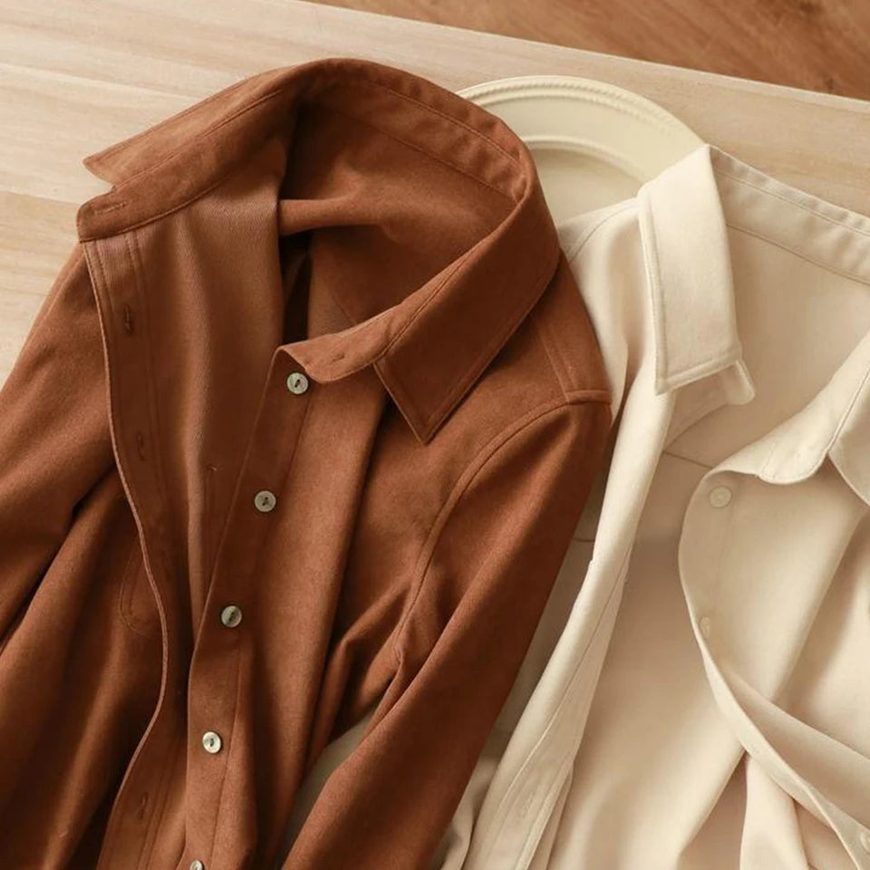 Women's Long Sleeve Corduroy Shirt – Lapel Collar Single-Breasted Button-Up Blouse with Pockets Stella