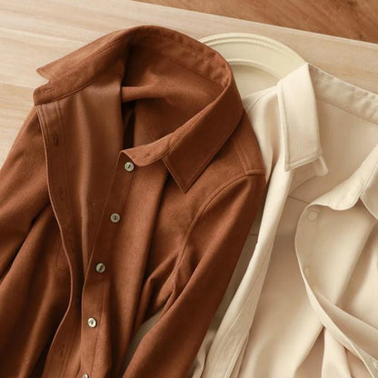 Women's Long Sleeve Corduroy Shirt – Lapel Collar Single-Breasted Button-Up Blouse with Pockets Stella