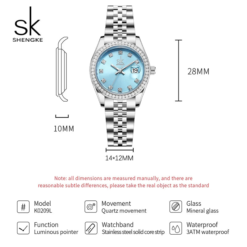 Shengke Elegant Women's Crystal-Accented Quartz Watch with Solid Alloy Steel Band and Calendar – Perfect Dress Watch for Women