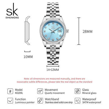 Shengke Elegant Women's Crystal-Accented Quartz Watch with Solid Alloy Steel Band and Calendar – Perfect Dress Watch for Women