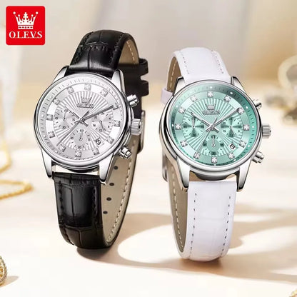 OLEVS 3669 Women's Quartz Watch – Multifunctional Elegant Wristwatch with White Leather Band, Calendar, and Luminous Hands – Perfect Gift for Ladies