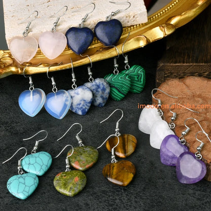 Natural Stone Dangle Earrings – Turquoise, Amethyst, Tiger Eye Heart Design, Handmade Jewelry for Women