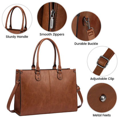 Vintage Leather Laptop Tote Bag – Large Capacity Business Handbag for Women, Stylish Work Bag & Computer Bag