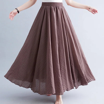 Women Loose Cotton Linen Elastic Waist A-line Solid Color Pleated Skirt