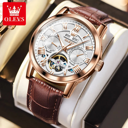 OLEVS 6668 Men's Mechanical Watch - Luxury Business Wristwatch with Genuine Leather Band, Waterproof and Luminous Design