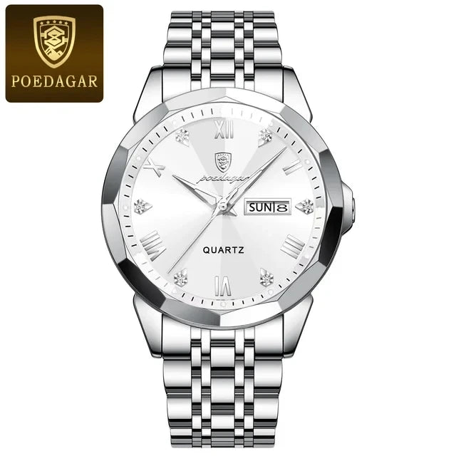 POEDAGAR 810 Men's Luxury Business Watch – Stainless Steel Waterproof Quartz Watch with Luminous Hands, Date Display, and Blue Dial Gerard