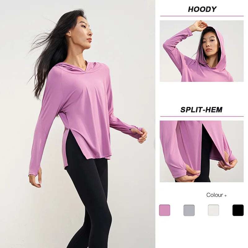 Women's Nude Feeling Workout Top | Split Hem Long Sleeve Hooded Yoga Shirt