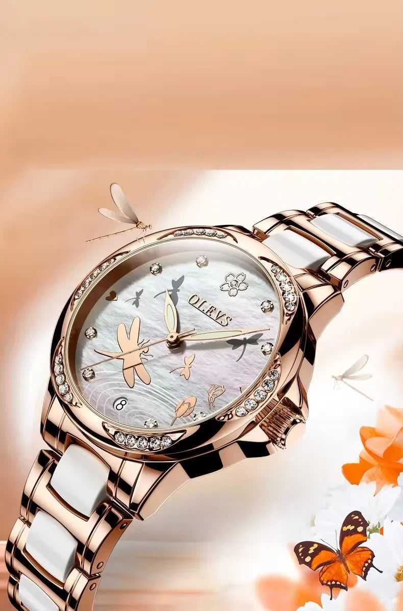 OLEVS 6610 Women's Luxury Mechanical Watch - Top Brand, Automatic Movement, Ceramic & Stainless Steel Band, Korean Style Reloj