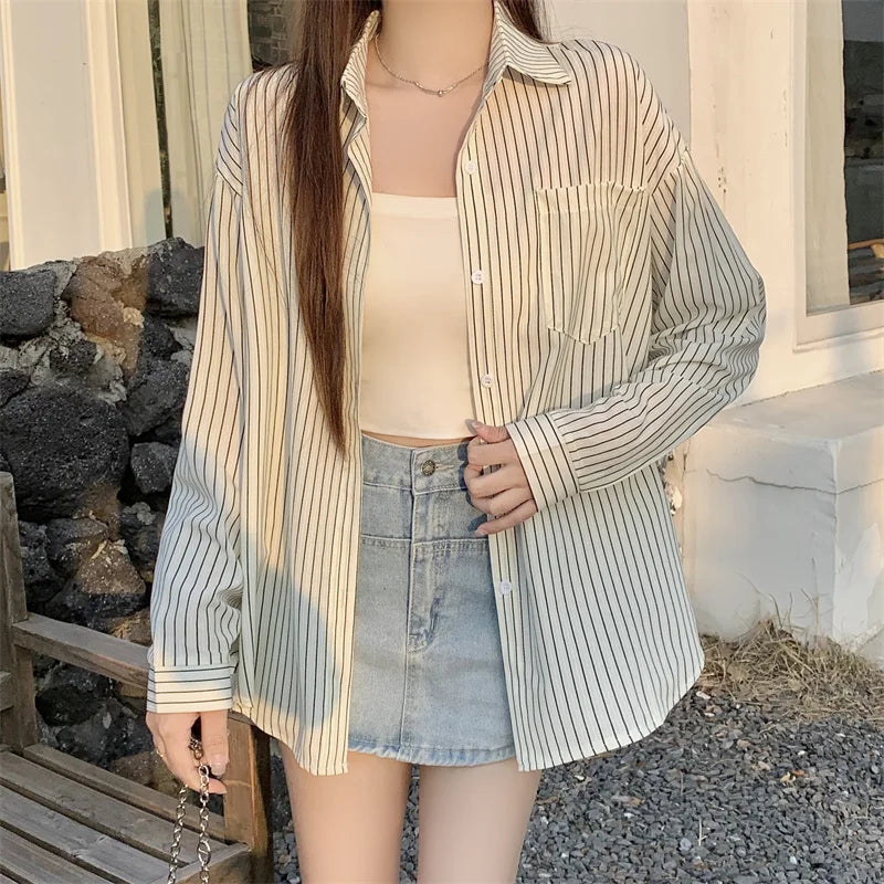 Women's Striped Loose Shirt | Retro Korean Casual Long Sleeve Blouse Rachel