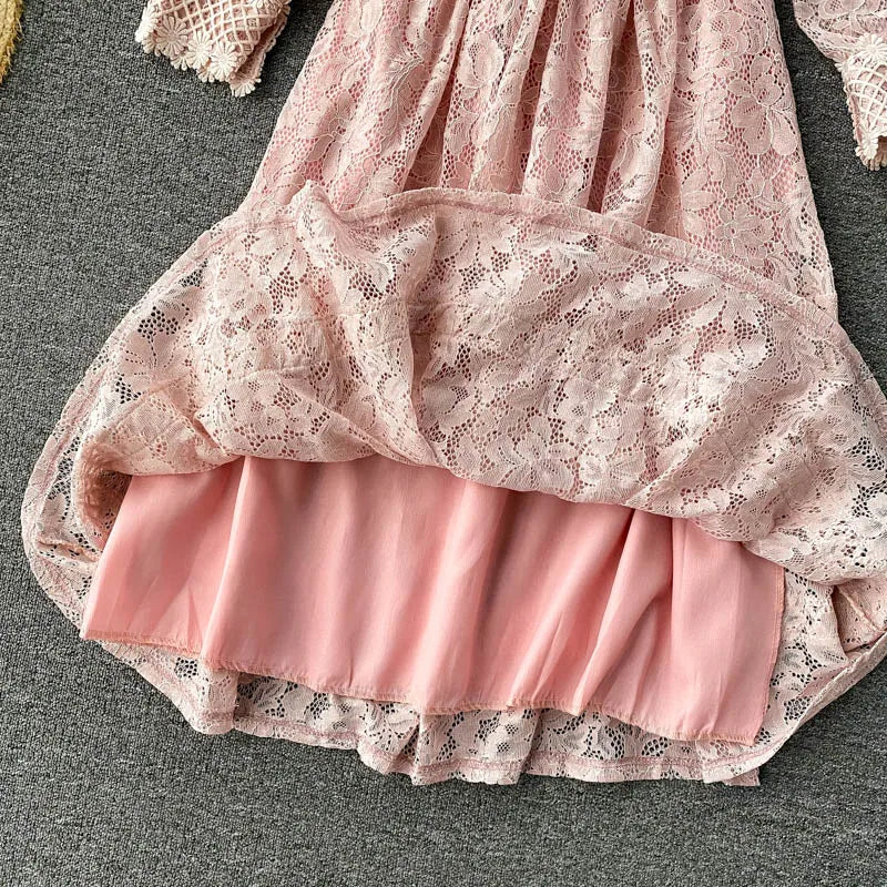 Women's Fall Winter Long-Sleeve Lace Midi Dress – Elegant Hollow-Out Design with Stand Collar and Empire Waist