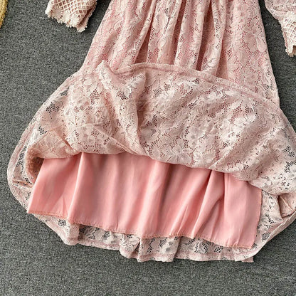 Women's Fall Winter Long-Sleeve Lace Midi Dress – Elegant Hollow-Out Design with Stand Collar and Empire Waist