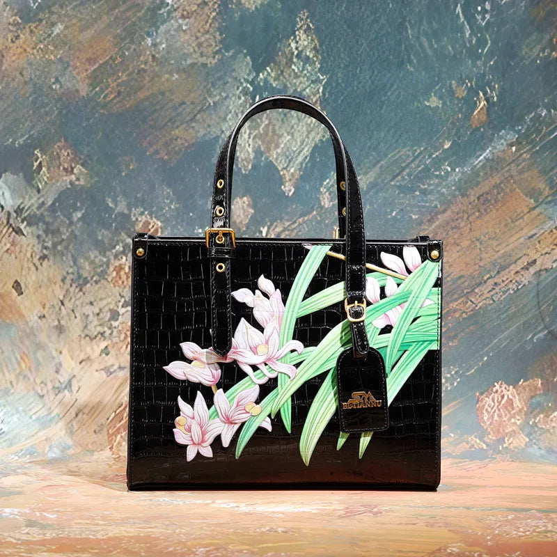 Women's Square Tote Handbag with Fashionable Floral Print, Adjustable Handle, and Zipper Closure Caterina