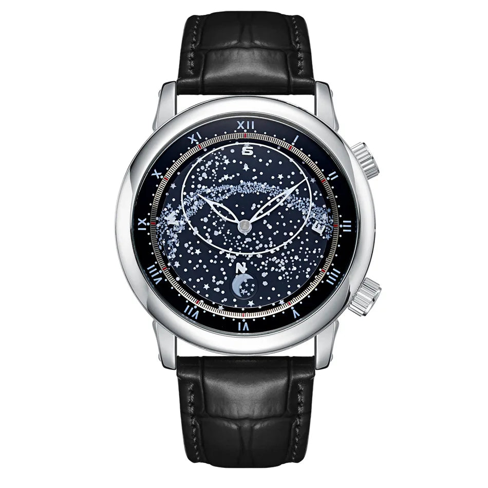 PAULAREIS Luxury Men’s Automatic Watch – Starry Sky Rotating Dial, Waterproof Mechanical Wristwatch with Leather Strap Astro