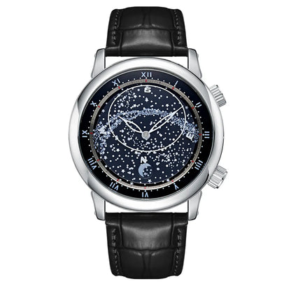 PAULAREIS Luxury Men’s Automatic Watch – Starry Sky Rotating Dial, Waterproof Mechanical Wristwatch with Leather Strap Astro