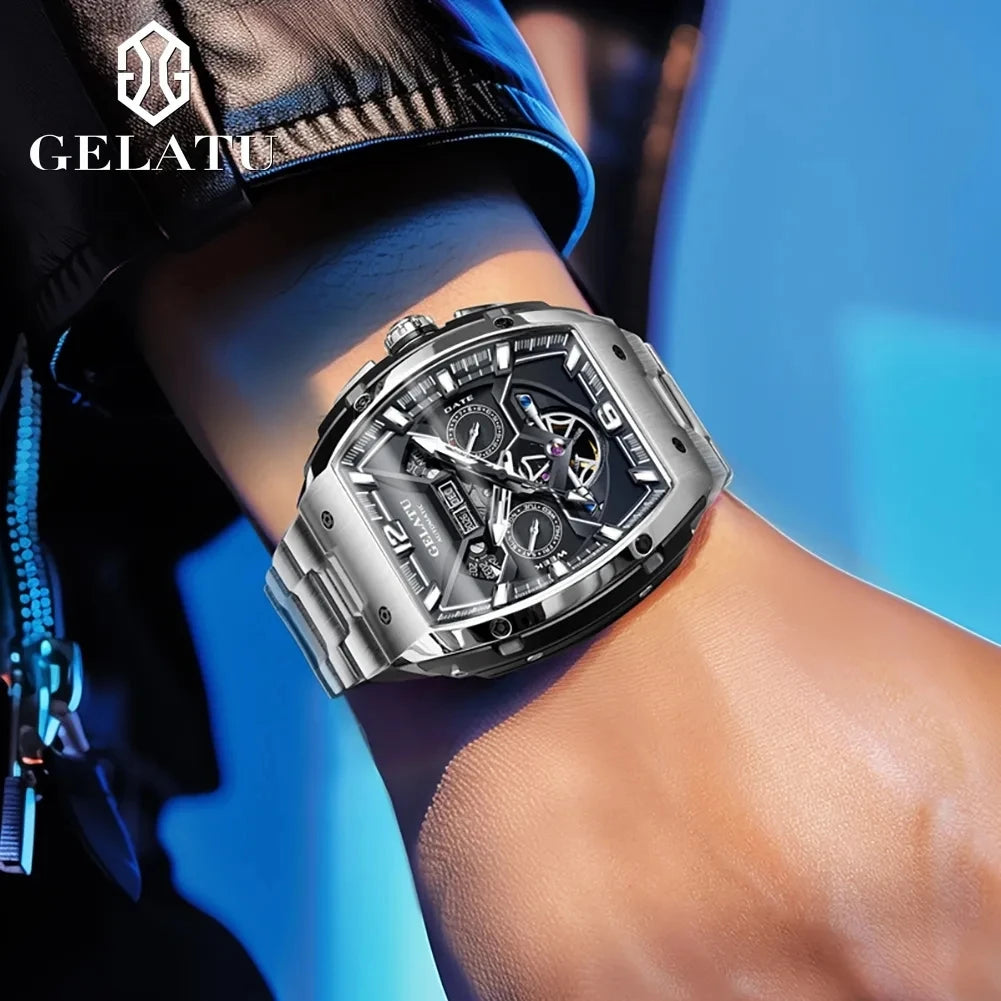 Gelatu 6013 Luxury Men's Skeleton Watch – Stainless Steel Automatic Mechanical Wristwatch