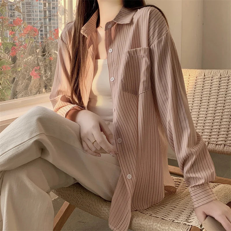 Women's Striped Loose Shirt | Retro Korean Casual Long Sleeve Blouse Rachel