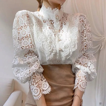 Women Blouse Petal Sleeve Stand Collar Hollow Out Flower Lace Patchwork Shirt