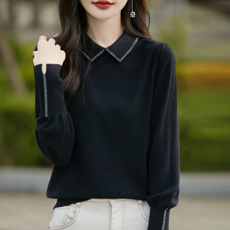Women’s Autumn Lantern Sleeve Knitted Sweater – Casual Versatile Pullover with Fashion Collar
