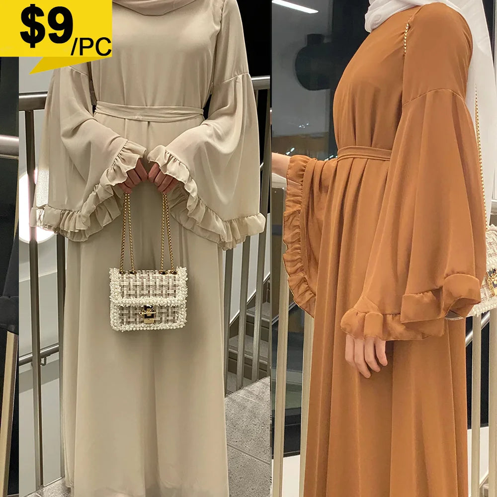 Chiffon Abaya with Ruffled Sleeves – Modest Islamic Clothing for Women | Turkey & Dubai Style Muslim Dress Samira