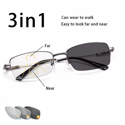 Metal Squared Frame Multifocal Progressive Photochromic Eyeglasses - Unisex Corrective Reading Glasses Alaric