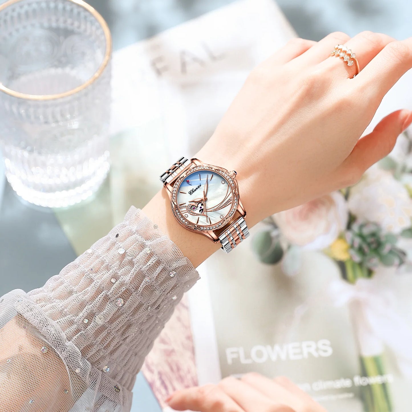 CHENXI 8837 Women's Luxury Diamond Skeleton Watch - Automatic Mechanical Stainless Steel Waterproof Timepiece