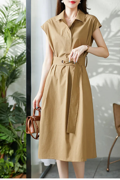 Summer Women's Solid Color Short Sleeve Shirt Dress – Waist Tie, Loose Fit, Slim and Stylish Design Zélie