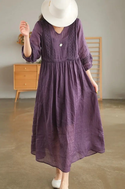 Women Casual Dress Long Sleeve Solid Color V Neck Midi Cotton Linen Dress Linen Dresses Women