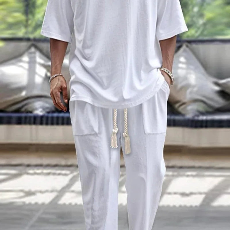 Men's Summer Two-Piece Set | Casual V-Neck Short-Sleeve T-Shirt & Pants in Fashionable Solid Colors Andrew
