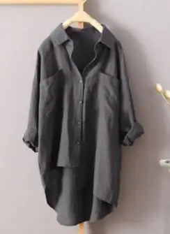 Women Long Sleeve Cotton Linen Loose Shirts Lapel Collar Pockets Solid Color Single Breasted Button Blouse