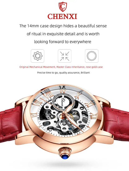CHENXI 8831 Women’s Casual Rose Gold Skeleton Watch – Fully Automatic Mechanical Wristwatch with Luminous Steel Band