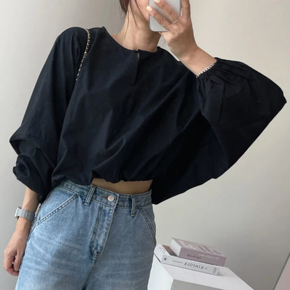 Women's Summer French Style Loose Bubble Sleeve Shirt - Round Neck, Solid Color, Casual Sunscreen Top
