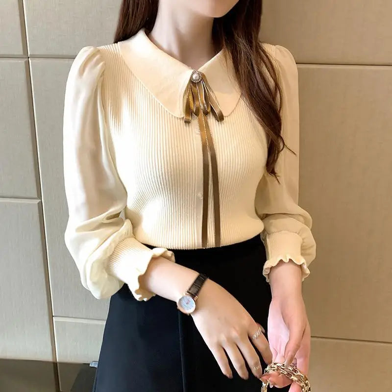 Women's Knitted Pullover – Long Puff Sleeve Doll Collar Spring Sweater with Lapel Ribbon Daiy