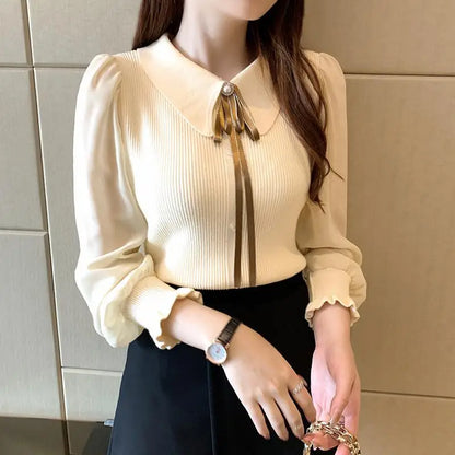 Women's Knitted Pullover – Long Puff Sleeve Doll Collar Spring Sweater with Lapel Ribbon Daiy