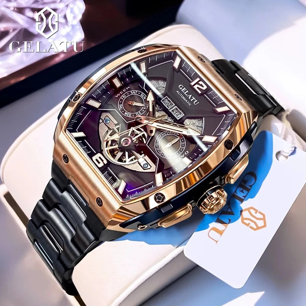 Gelatu 6013 Luxury Men's Skeleton Watch – Stainless Steel Automatic Mechanical Wristwatch