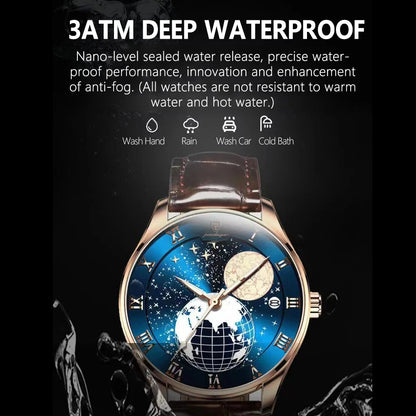 POEDAGAR 803 Men's Quartz Watch – Fashion Leather Strap Waterproof Wristwatch with Globe Dial, Automatic Calendar, and Trendy Design Nicolas